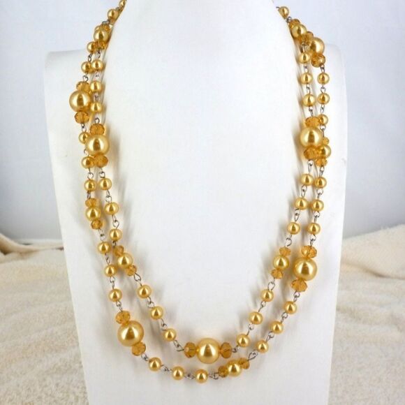 NOLAN MILLER GOLD TONE NECKLACE PEARL & GLASS CRYSTALS 42" NOS 1980'S - Picture 1 of 5